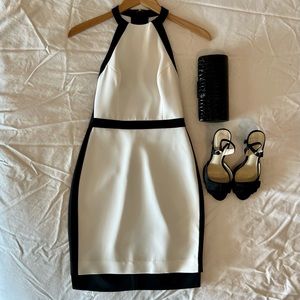 BCBGMAXAZRIA “SABRYNA” CUT-OUT HALTER DRESS, OFF-WHITE/BLACK, Size 00, EUC.